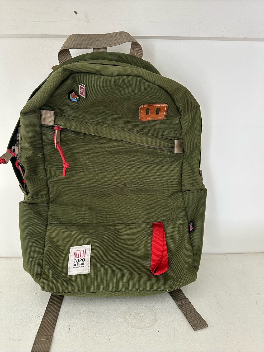Topo Designs Olive Backpack with Red Accents